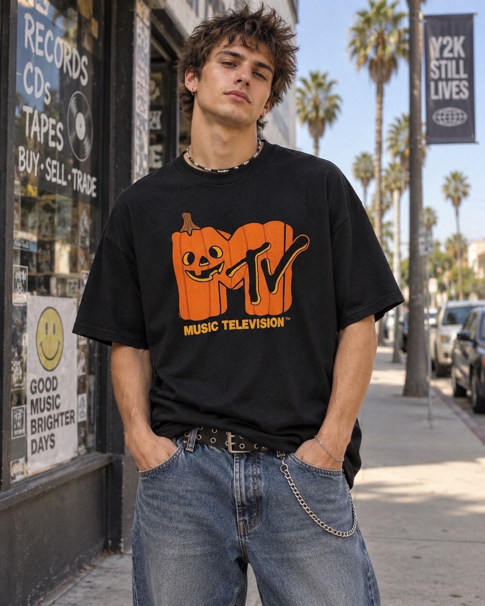 Y2K single stitch Men's MTV Logo Jack O Lantern Short Sleeve Graphic T-Shirt